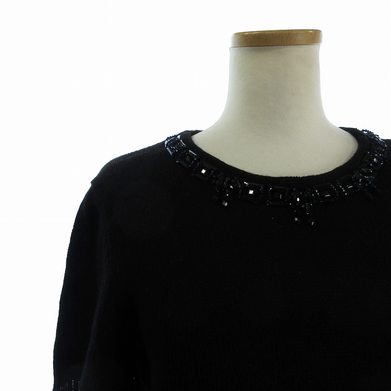 プラダ PRADA ニット セーター 半袖 クルーネック カシミヤ ラインストーン 装飾 バックボタン 黒 ブラック 40 ■GY19 ☆AA★ PRADA プラダ ニット セーター 半袖 クルーネック カシミヤ