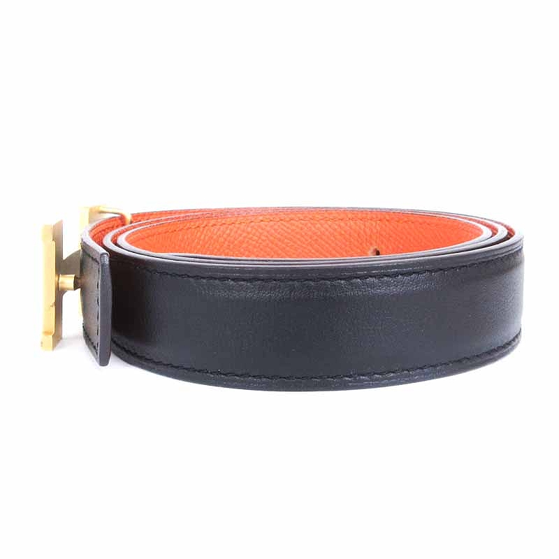 HERMES 黒オレンジ レザー ベルト HERMES - HERMES エルメス Hベルト Hバックル リバーシブル