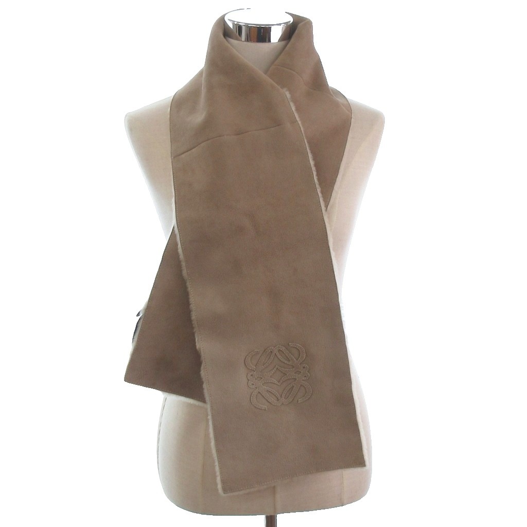 ロエベ LOEWE 美品 アナグラム マフラー ムートン ベージュ 小物 ☆AA  