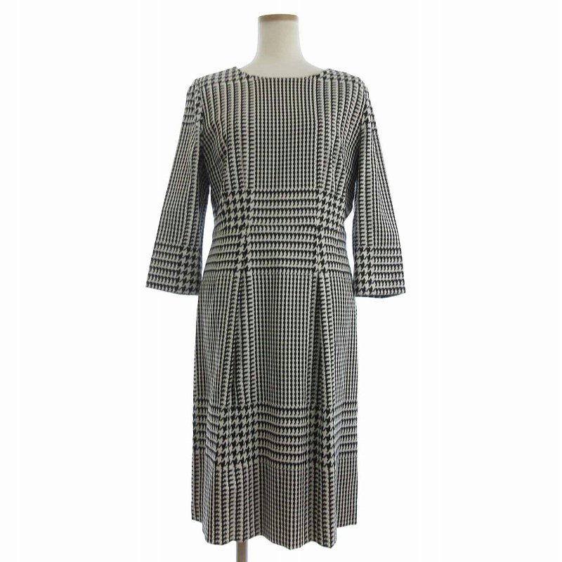 レリアン Leilian ワンピース 七分袖 ロング 千鳥格子 ウール 白