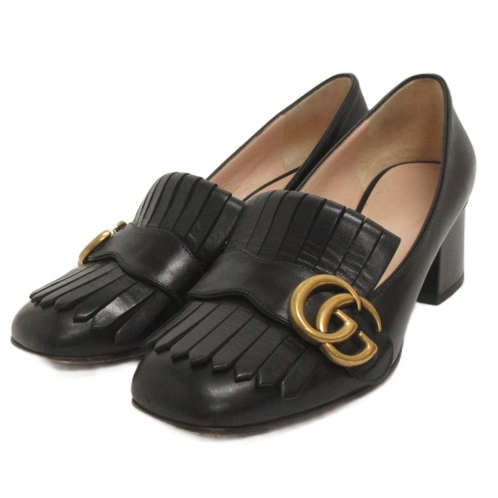 美品　GUCCI パンプス　マーモント　チャンキーヒール　36 1/2 グッチ GUCCI マーモント パンプス フリンジ GGロゴ レザー チャンキー