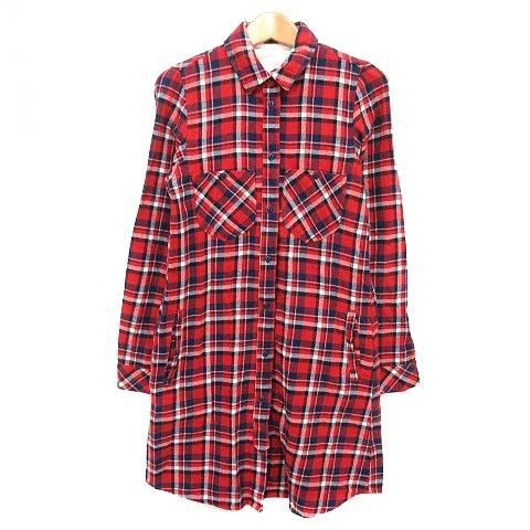チャオパニック Ciaopanic シャツワンピース ひざ丈 長袖 チェック コットン 赤 紺 M レディース 003 ベクトルパーク