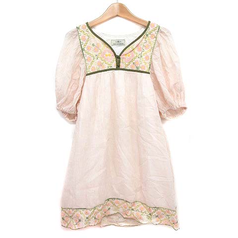 グレースコンチネンタル Grace Continental ワンピース ひざ丈 半袖 刺繍 ギャザー コットン リネン ベビーピンク カーキ 36 レディース 003 ベクトルパーク