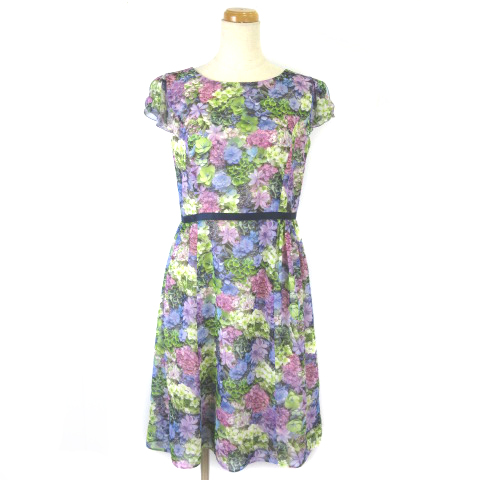 トッカ Tocca ワンピース ひざ丈 花柄 シフォン フレンチスリーブ ウエストマーク パープル グリーン 2 Ibs レディース 003 ベクトルパーク
