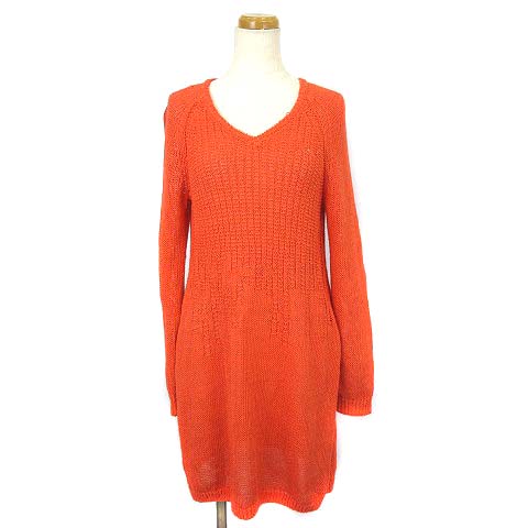 トラサルディ Trussardi ニット チュニック ワンピース スリット ひざ丈 長袖 Vネック リネン コットン 38 オレンジ Ibo3 レディース 003 ベクトルパーク