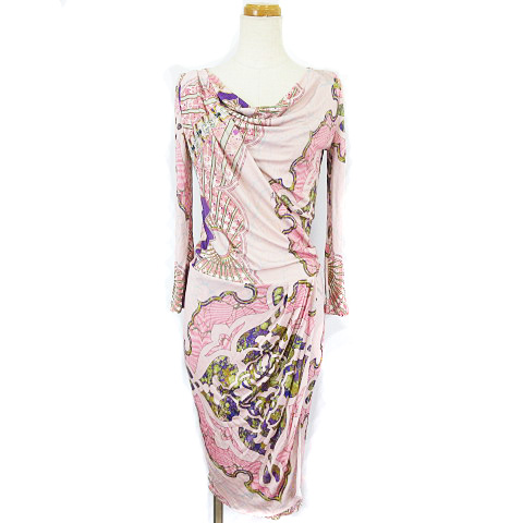 エミリオプッチ Emilio Pucci ワンピース 長袖 ロング ドレープ 総柄 タイト ピンク I38 Ecr3 レディース 003 ベクトルパーク