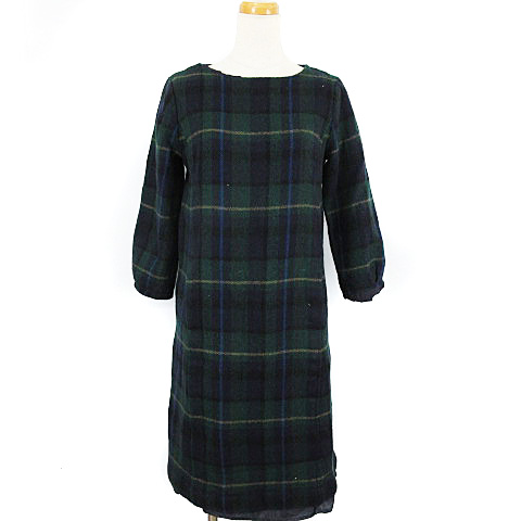 マッキントッシュフィロソフィー Mackintosh Philosophy 近年モデル ボタニーチェック ワンピース ひざ丈 7分袖 ウール グリーン 38 Rrr レディース 003 ベクトルパーク