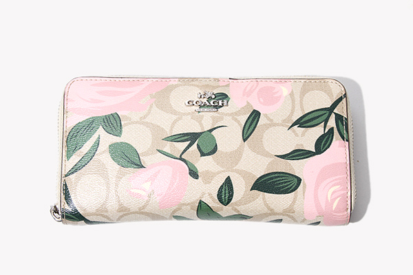 COACH コーチ 花柄 レザー ラウンドジップ ウォレット 長財布 
