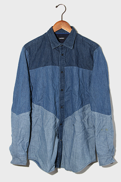 Diesel ディーゼル 長袖 刺繍 パネル切替デニムシャツ デニムパッチワークシャツ M Indigo インディゴ メンズ 004 ベクトルパーク