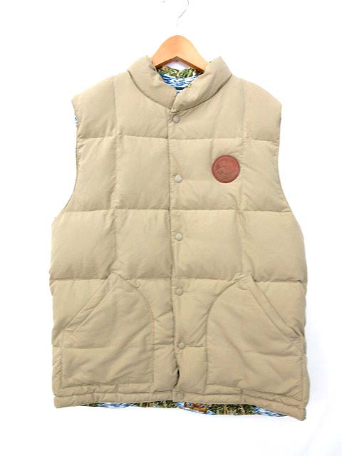 ステューシー STUSSY ダウンベスト リバーシブル ロゴ 総柄 ベージュ 
