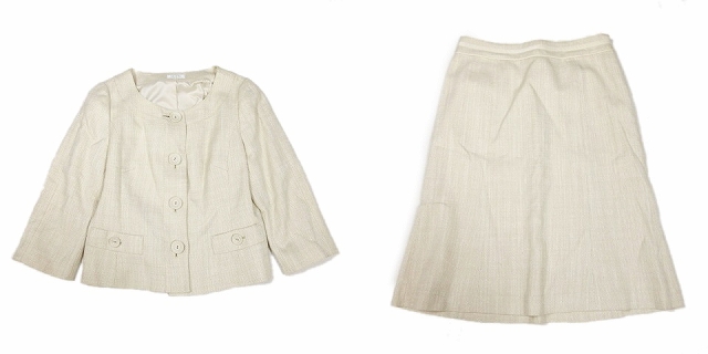 エンスウィート レナウン Ensuite セットアップ フォーマル スーツ ツイード ノーカラー ジャケット ブレザー ハーフ フレア スカート ひざ丈 2 ベージュ 19 12 レディース 012 ベクトルパーク