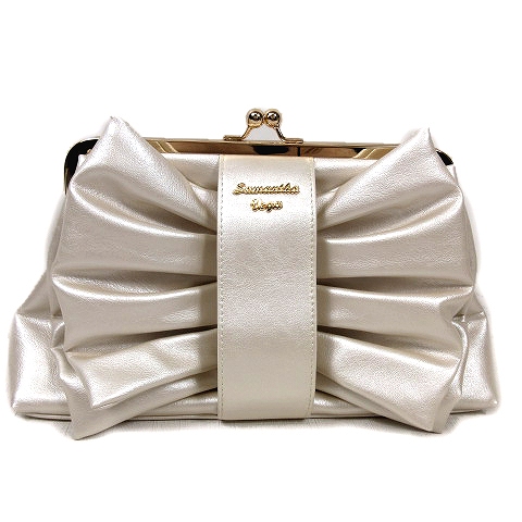 サマンサベガ Samantha Vega 美品 リボンモチーフ がま口 クラッチ フェイクレザー パーティー バッグ メタリックホワイト ゴールド レディース 012 ベクトルパーク