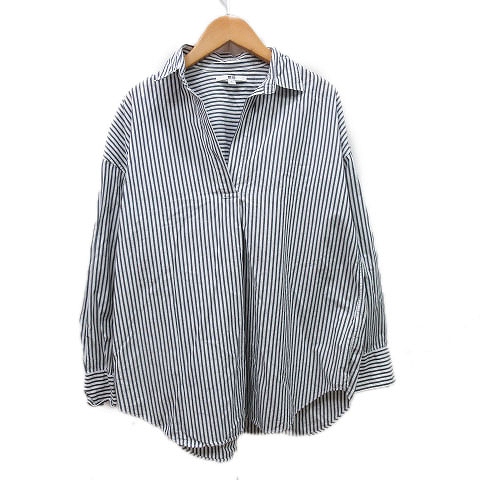 ユニクロ Uniqlo スキッパー シャツ ブラウス カットソー ストライプ 長袖 S グレー 白 ホワイト 7 レディース 012 ベクトルパーク