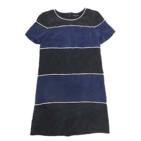 セオリー Theory サテン ワンピース 半袖 ボーダー シルクブレンド 膝丈 ハーフ 2 紺 黒 16 7 レディース 012 ベクトルパーク