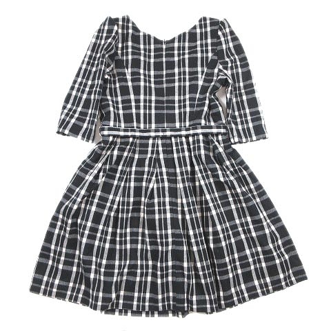 ダズリン Dazzlin フランネル調 チェック ワンピース プリーツ フレアシルエット 五分袖 ナローベルト付き S 黒 ブラック 11 レディース 012 ベクトルパーク