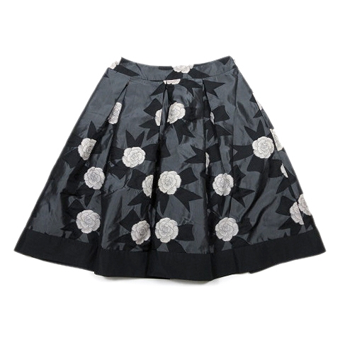 エムズグレイシー M S Gracy ジャガード フレアスカート ハーフ 膝丈 ボックスプリーツ リボン バラモチーフ 36 黒 ブラック 14 12 レディース 012 ベクトルパーク