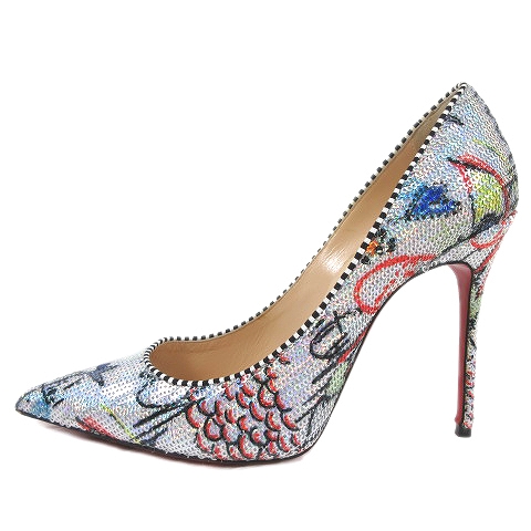 クリスチャンルブタン Christian Louboutin スパンコール パンプス ハイヒール ポインテッドトゥ 総柄 イラスト シューズ 靴 38 5 大きいサイズ シルバー マルチカラー M69 Yba12 レディース 012 ベクトルパーク