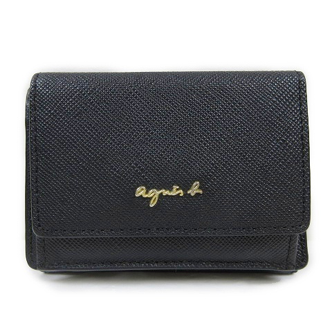アニエスベー Agnes B 三つ折り 財布 コンパクト ミニ ウォレット カード コイン ケース 名刺入れ 小銭入れ ロゴ プレート 黒 ブラック 2 レディース 012 ベクトルパーク