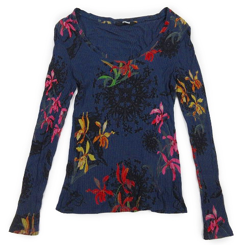 デシグアル Desigual ボタニカル 花柄 Tシャツ 長袖 ラウンドネック リブ カットソー ロンt 紺 ネイビー マルチカラー 3 レディース 012 ベクトルパーク