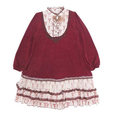 アクシーズファム Axes Femme レイヤード風 シャツ ワンピース ニット カットソー レース 刺繍 フリル 膝丈 ハーフ 長袖 M エンジ 10 12 レディース 012 ベクトルパーク