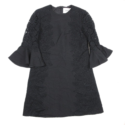 贅沢 膝丈 ベルスリーブ フレア ワンピース ドレス ジョーゼット調生地 ベビーレース Valentino ヴァレンチノ ヴァレンティノ 42 ブラック K39 1 レディース 黒 ワンピース My Velan Com