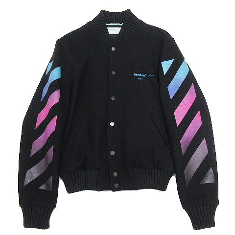 18AW オフホワイト OFF WHITE DIAG GRADIENT VARSITY JACKET バックアロー ロゴ プリント グラデーション スタジャン ジャケット ブルゾン ウール OMEA145F18A32005 サイズM 黒 ブラック マルチカラー メンズ/5/B170 ☆AA★