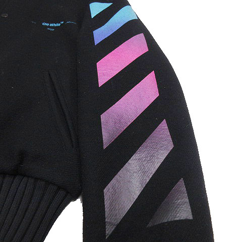 18AW オフホワイト OFF WHITE DIAG GRADIENT VARSITY JACKET バックアロー ロゴ プリント グラデーション スタジャン ジャケット ブルゾン ウール OMEA145F18A32005 サイズM 黒 ブラック マルチカラー メンズ/5/B170 ☆AA★