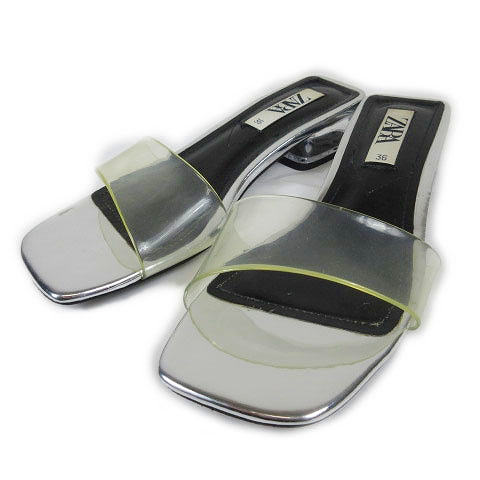 ザラ Zara クリア ヒール サンダル スクエアトゥ ビニールストラップ チャンキーヒール シューズ 36 シルバー Bl4 レディース 012 ベクトルパーク