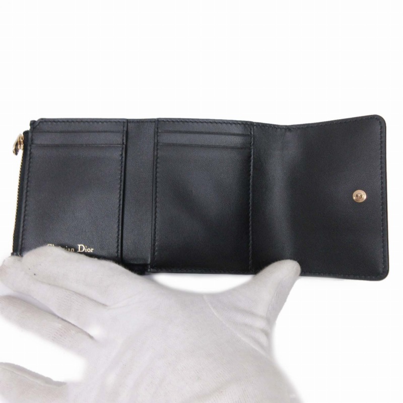 美品 クリスチャンディオール Christian Dior 30 MONTAIGNE 三つ折り ミニ 財布 モンテーニュ ロータス ウォレット  グレインドカーフスキン レザー シボ革 CDロゴ コンパクトウォレット Noir 黒 ブラック ゴールド/☆I65 レディース☆AA★