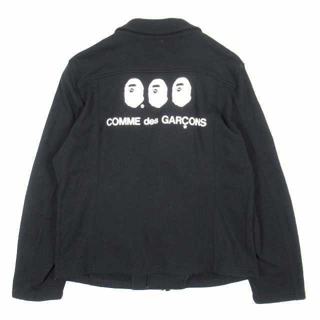 21SS コムデギャルソン 大阪 × アベイシングエイプ COMME des GARCONS CDG OSAKA × A BATHING APE  SWEAT BIKER JACKET スウェット バイカー ジャケット ライダース 限定 ダブル ロゴ プリント エイプヘッド ジップアップ ブルゾン  アウター XL 黒 ブラック/N04