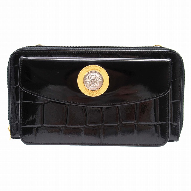 ヴェルサーチ GIANNI VERSACE ベルト メデューサ クロコ型押し 黒  