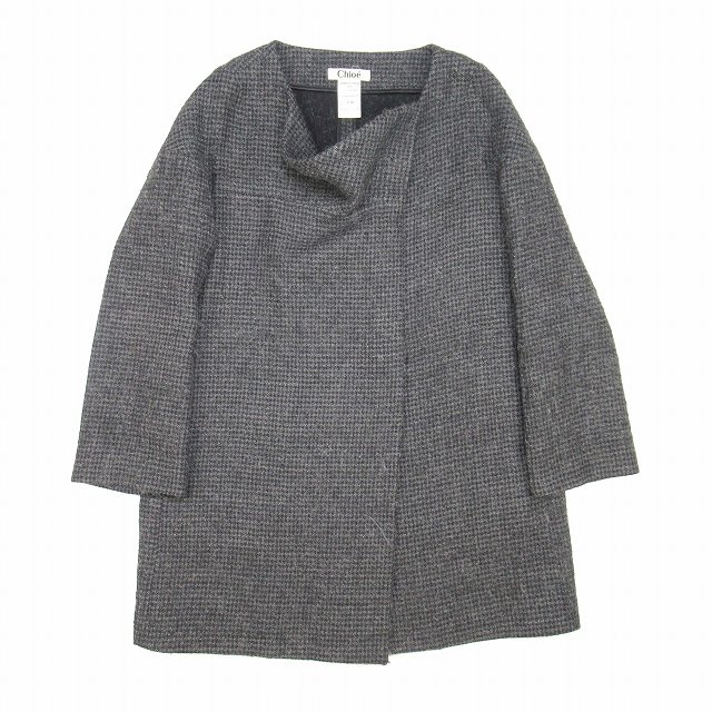 美品 07aw クロエ CHLOE ウール × アルパカ チェック柄 ノーカラー 