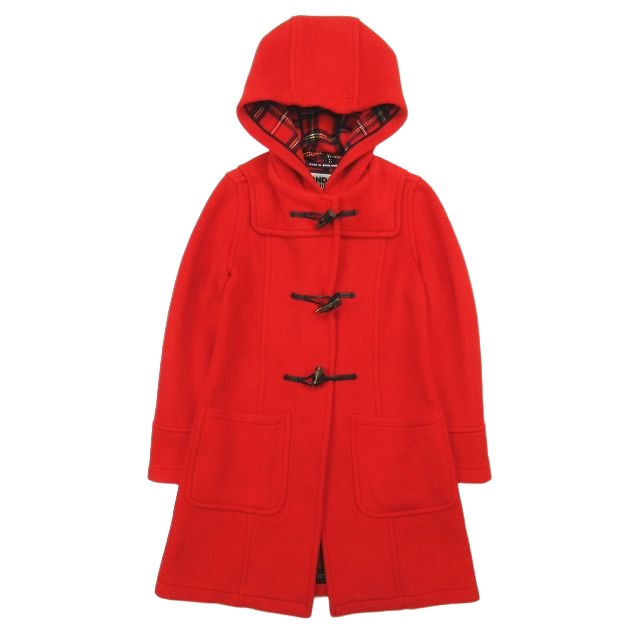 美品ロンドントラディションダッフルコート裏地チェックフード赤36