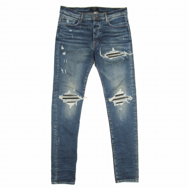 美品 アミリ AMIRI MX1 スキニーデニム 蛇腹 レザー バイカージーンズ 