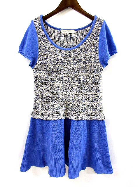 マーキュリーデュオ Mercuryduo ニット ワンピース ミニ ツイード 半袖 バック リボン 青 ブルー F レディース 013 ベクトルパーク