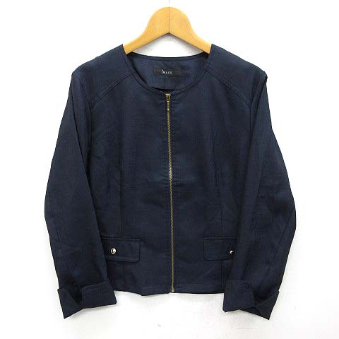 イマージュ Image ノーカラー ジャケット 長袖 ジップアップ ネイビー 紺 7 春夏 美品 レディース 013 ベクトルパーク
