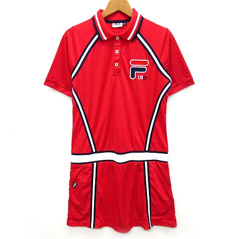 フィラ Fila ポロシャツ ワンピース 半袖 ライン ミニ丈 ゴルフ ウェア レッド 赤 M 美品 レディース 013 ベクトルパーク