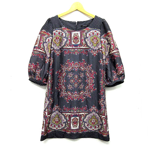 ローズバッド Rose Bud スカーフ柄 サテン ワンピース ミニ丈 七分袖 ダークグレー パープル ｆ美品 レディース 013 ベクトルパーク