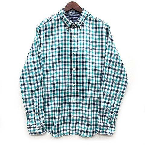 トミーヒルフィガー Tommy Hilfiger ギンガムチェック シャツ 長袖 ボタンダウン ワンポイント グリーン 緑 Xl 美品 メンズ 013 ベクトルパーク