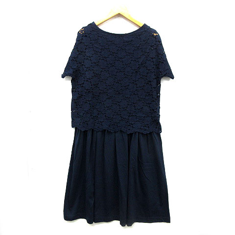 アフタヌーンティー Afternoon Tea Wardrobe スカラップ レース ドッキング ワンピース 膝丈 ゴムウエスト 半袖 ネイビー 紺 Mr レディース 013 ベクトルパーク