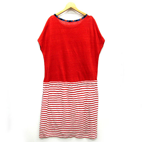 ツモリチサト ルーム Tsumori Chisato Room リネン ワンピース 膝丈 ボーダー フレンチスリーブ ルームウェア オレンジ ホワイト M レディース 013 ベクトルパーク