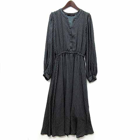 ダブルクローゼット W Closet 小花柄 ボリューム袖 ワンピース 長袖 ロング丈 キーネック ウエストシェイプ グリーン 緑 F 美品 レディース 013 ベクトルパーク