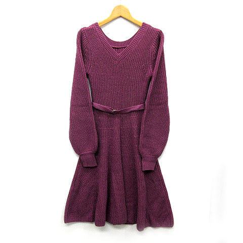 イートミー Eatme 前後 2way ニット ワンピース 膝丈 ベルト付き パフスリーブ 長袖 パープル 紫 F レディース 013 ベクトルパーク