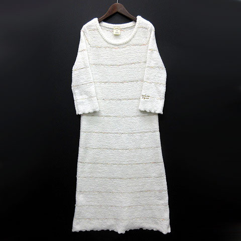 ジェラートピケ Gelato Pique ルームウエア パウダー ボンボン ロング ドレス ワンピース ボーダー 刺繍 七分袖 白 オフホワイト F レディース 013 ベクトルパーク