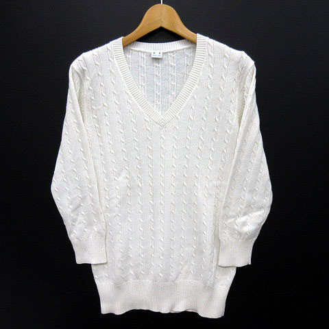 スリードッツ Three Dots ケーブルニット Vネック セーター 七分袖 シルク混 ホワイト 白 レディース 013 ベクトルパーク