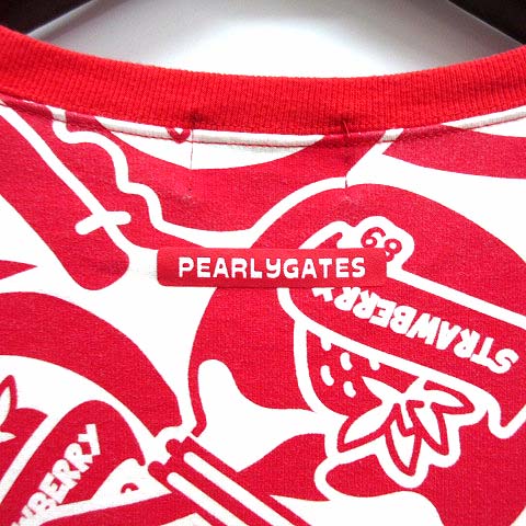 【極美品】パーリーゲイツ　tシャツ　総柄　レッド　ホワイト　いちご柄　ゴルフ L パーリーゲイツ PEARLY GATES ストロベリー Tシャツ 半袖 総柄 レッド