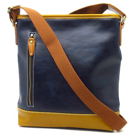 レザー ショルダーバッグ クロスボディ 斜め掛け ネイビー キャメル 美  