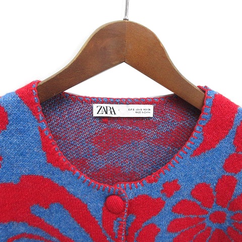 ザラ ZARA ジャガード ニット カーディガン 長袖 ブルー レッド S 4938