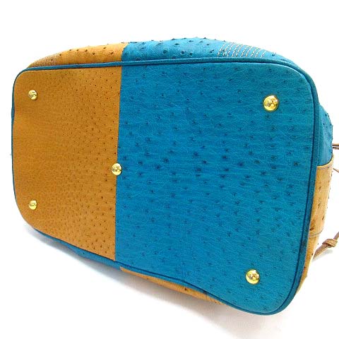 CROCOLUX オーストリッチ レザー 2WAY バッグ ベージュ ターコイズ CROCOLUX オーストリッチ レザー 巾着 2WAY バッグ ベージュ