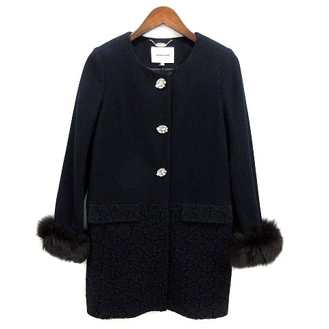 【美品】レッセパッセ ファーティペット付きコート　ノーカラー　ビジュー 美品】レッセパッセ ファーティペット付きコート ノーカラー ビジュー